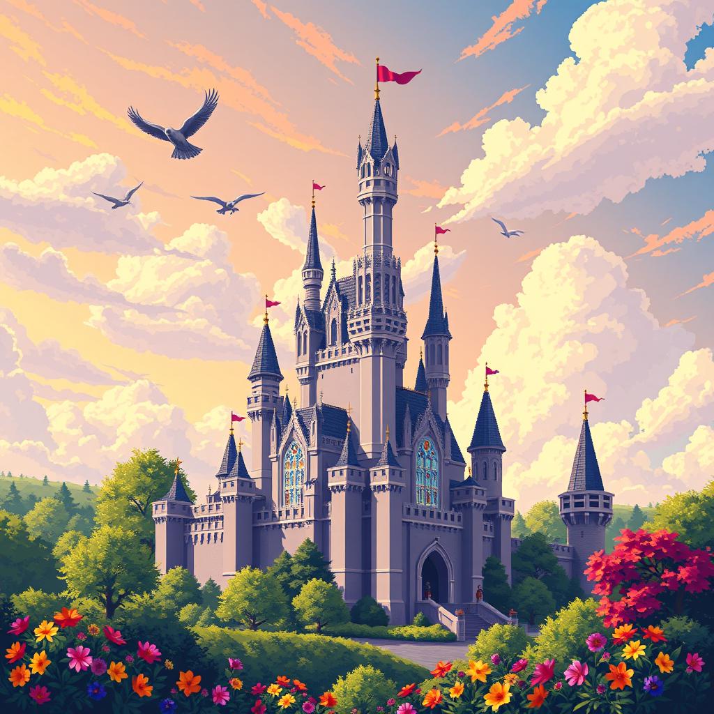 A beautifully detailed pixellated castle set against a vibrant sky, surrounded by lush greenery