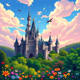 A beautifully detailed pixellated castle set against a vibrant sky, surrounded by lush greenery