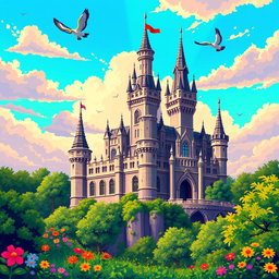 A beautifully detailed pixellated castle set against a vibrant sky, surrounded by lush greenery