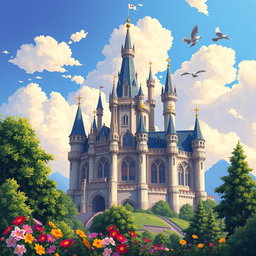 A beautifully detailed pixellated castle set against a vibrant sky, surrounded by lush greenery