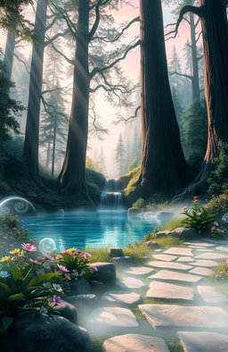 A serene landscape depicting a mystical realm called 'Whispers of Forgotten Tomorrow'