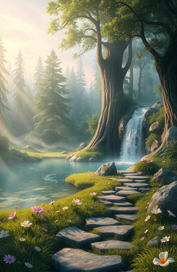 A serene landscape depicting a mystical realm called 'Whispers of Forgotten Tomorrow'