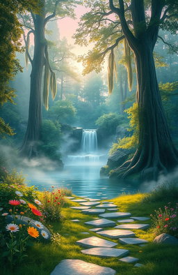 A serene landscape depicting a mystical realm called 'Whispers of Forgotten Tomorrow'