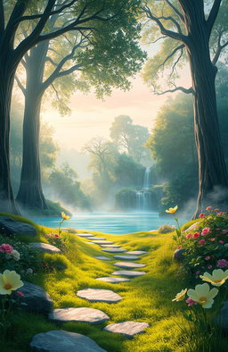 A serene landscape depicting a mystical realm called 'Whispers of Forgotten Tomorrow'