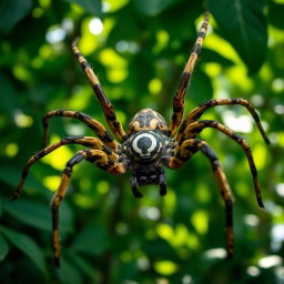 A highly detailed spider with unique camouflage color patterns that blend seamlessly into its environment