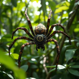 A highly detailed spider with unique camouflage color patterns that blend seamlessly into its environment