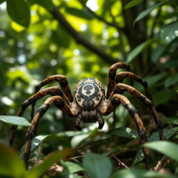 A highly detailed spider with unique camouflage color patterns that blend seamlessly into its environment