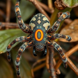 A highly detailed and realistic depiction of a spider featuring a unique camouflage coloration that blends seamlessly with its surroundings