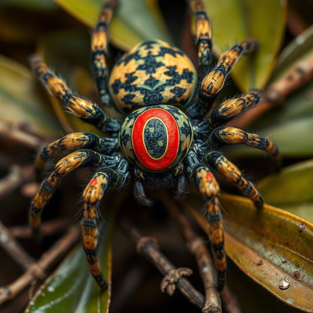 A highly detailed and realistic depiction of a spider featuring a unique camouflage coloration that blends seamlessly with its surroundings