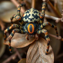 A highly detailed and realistic depiction of a spider featuring a unique camouflage coloration that blends seamlessly with its surroundings
