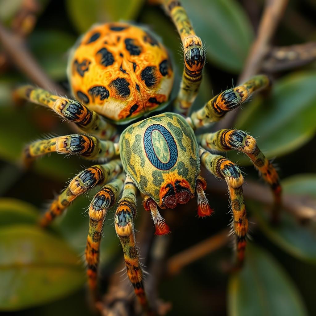 A highly detailed and realistic depiction of a spider featuring a unique camouflage coloration that blends seamlessly with its surroundings