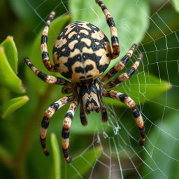 A close-up of a unique spider featuring a stunning camouflage color pattern blending naturally with its environment