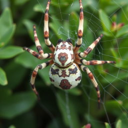 A close-up of a unique spider featuring a stunning camouflage color pattern blending naturally with its environment