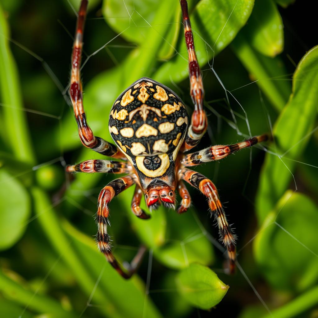 A close-up of a unique spider featuring a stunning camouflage color pattern blending naturally with its environment