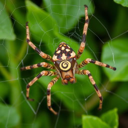 A close-up of a unique spider featuring a stunning camouflage color pattern blending naturally with its environment