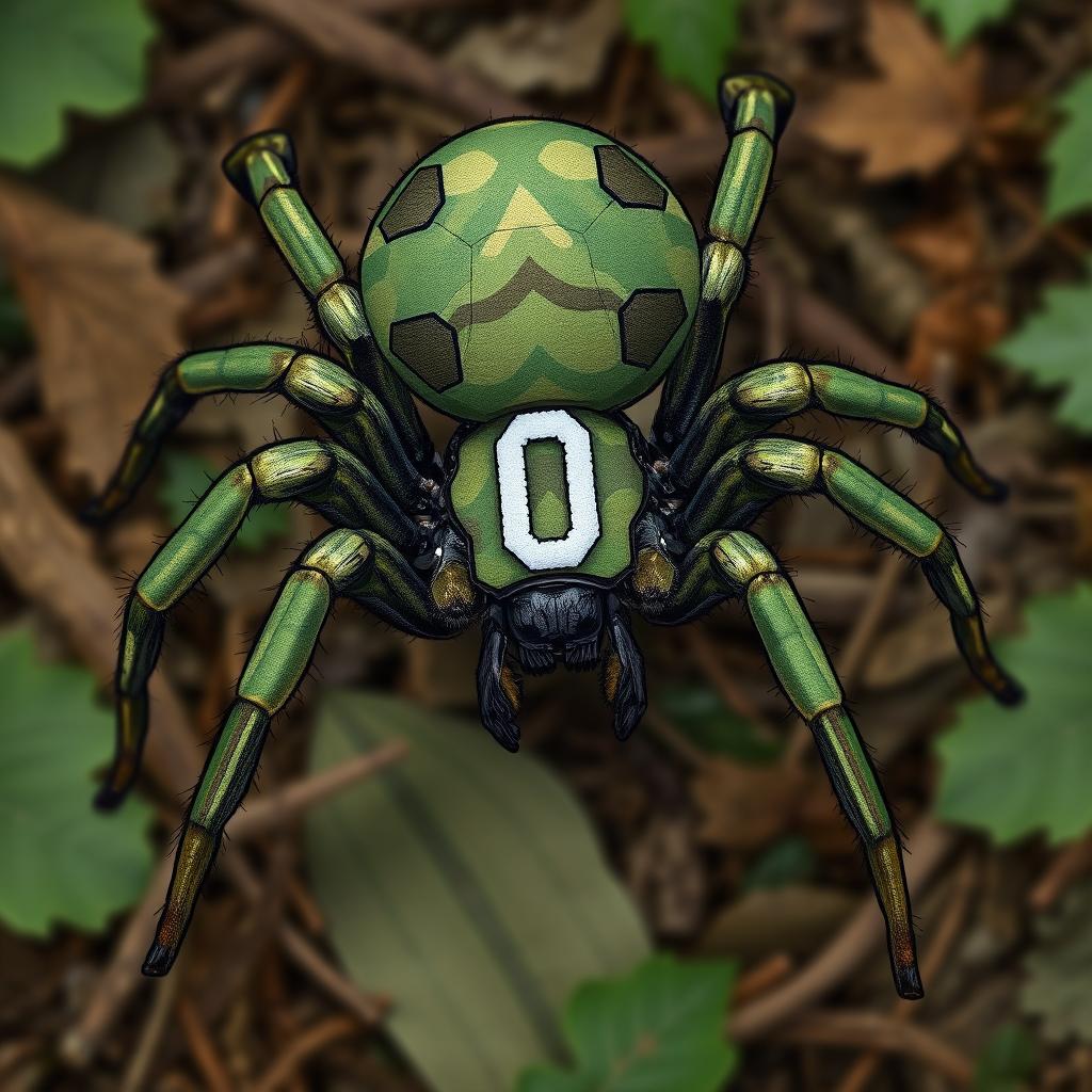 A detailed illustration of a spider with an army camouflage pattern on its body, showcasing various shades of green and brown intertwined to mimic military gear