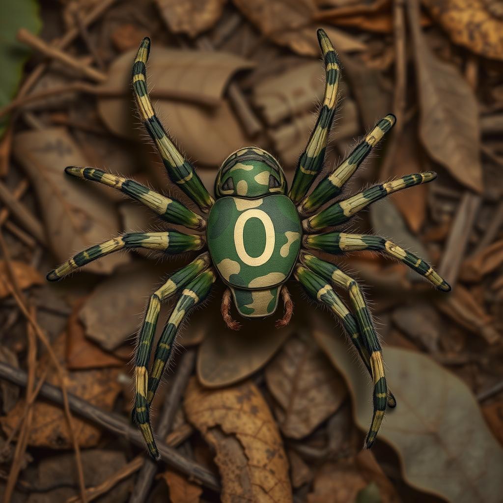 A unique and detailed illustration of a spider featuring an army camouflage pattern on its body, with a large, clear zero on its back