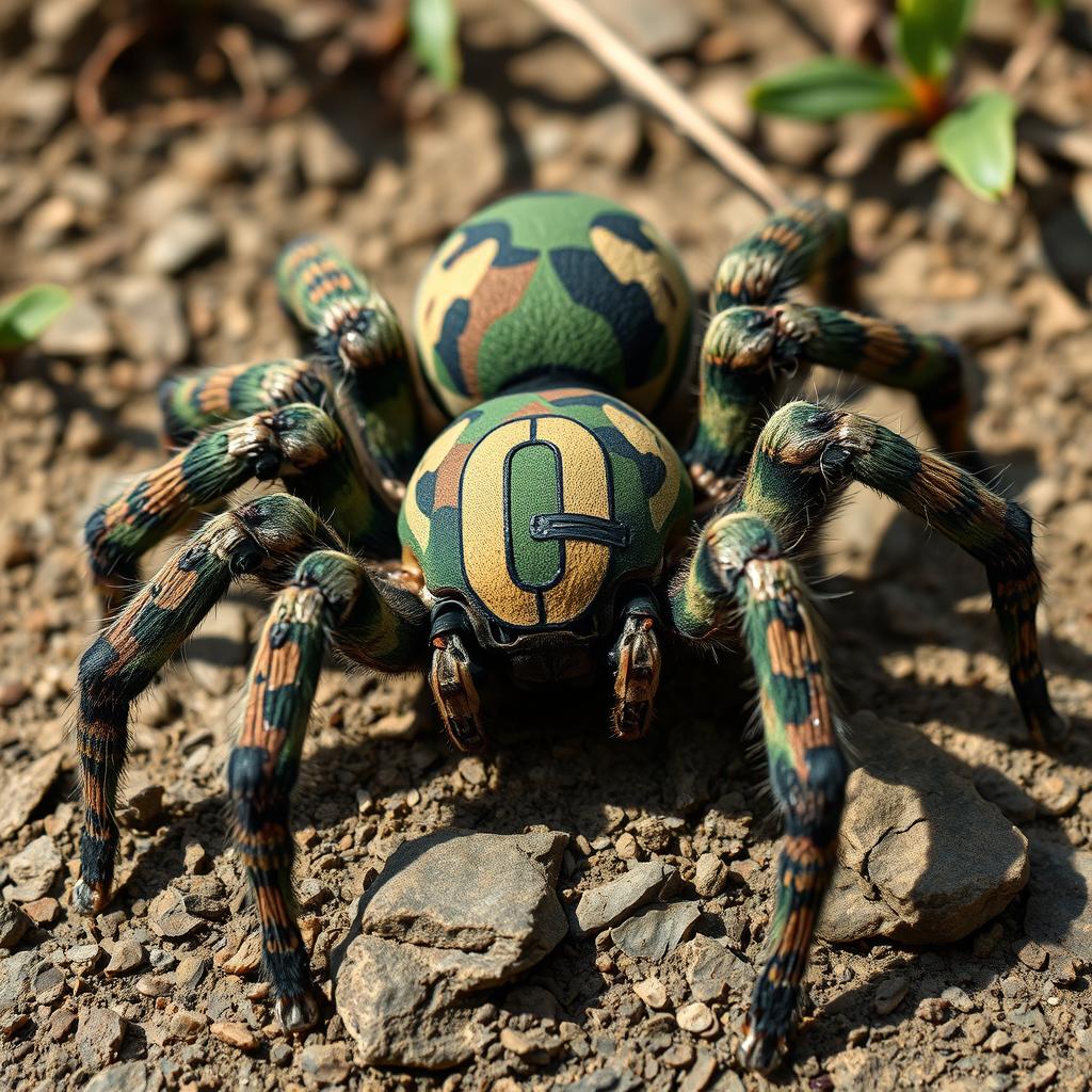 A highly detailed and realistic depiction of a spider adorned in army camouflage patterns