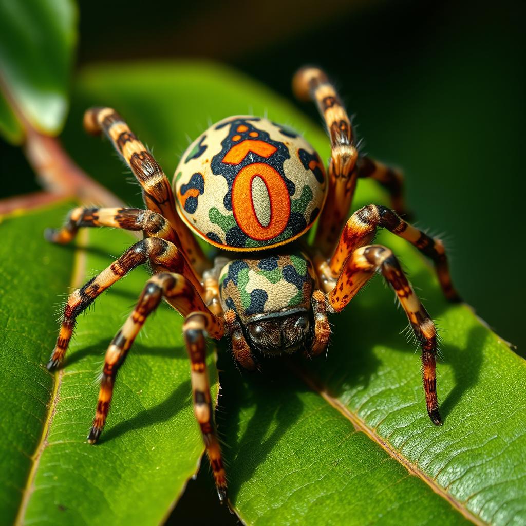 A detailed and realistic image of a spider featuring a unique army camouflage pattern on its body