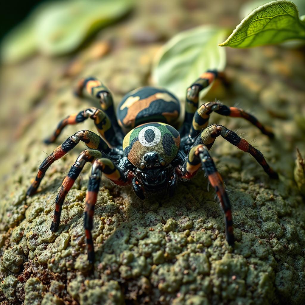 A hyper-realistic depiction of a spider adorned with a striking army camouflage pattern, resting on a textured surface of green foliage