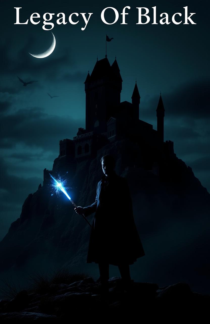 A foreboding dark castle perched atop a rugged hill, illuminated by a crescent moon, casting long shadows across the landscape