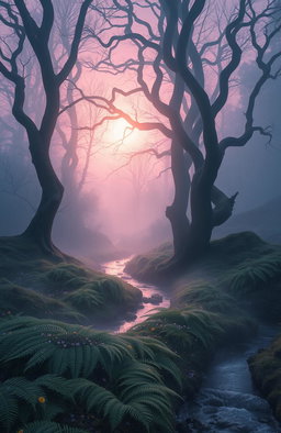 A mystical landscape at sunrise, featuring an ethereal forest shrouded in mist
