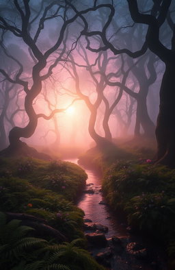 A mystical landscape at sunrise, featuring an ethereal forest shrouded in mist