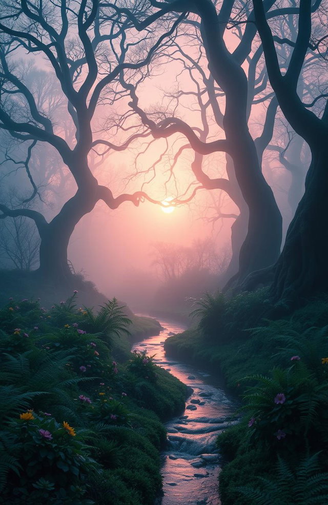A mystical landscape at sunrise, featuring an ethereal forest shrouded in mist