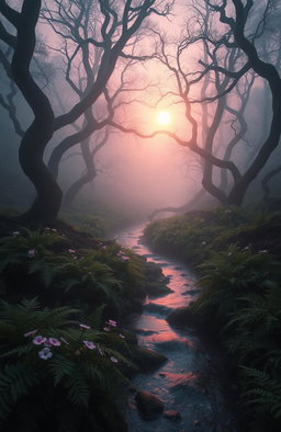 A mystical landscape at sunrise, featuring an ethereal forest shrouded in mist