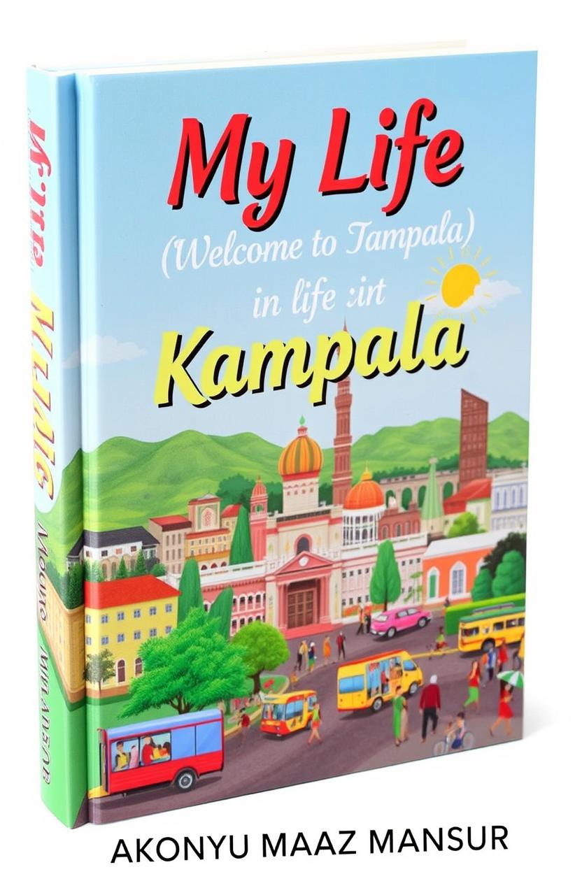 A vibrant book cover titled "My Life (Welcome to Kampala)" featuring colorful illustrations of Kampala's skyline, lush greenery, and lively street scenes
