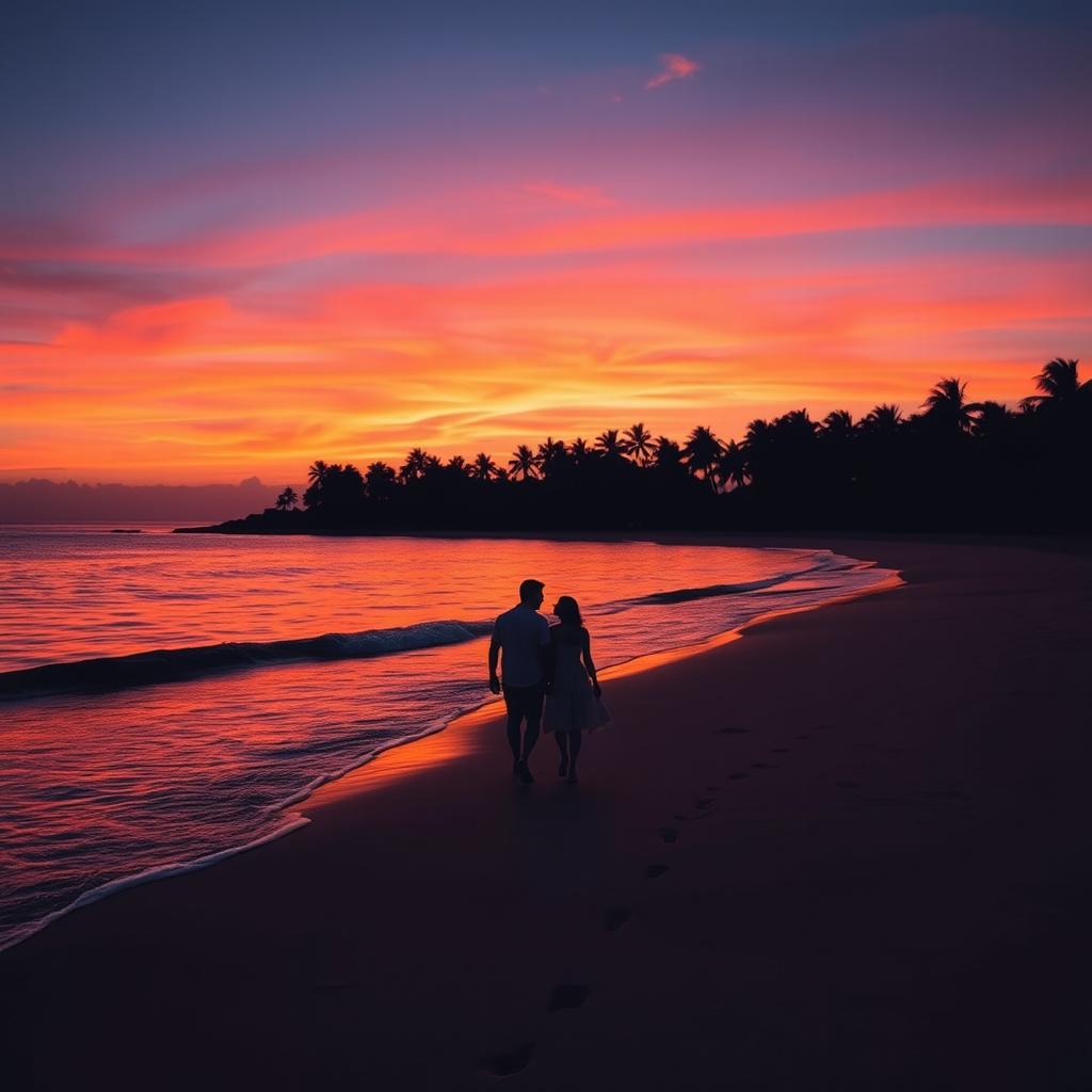 A breathtaking sunset over a tranquil beach, with vibrant hues of orange, pink, and purple reflecting off the calm water