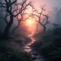 A mystical landscape at sunrise, featuring an ethereal forest shrouded in mist