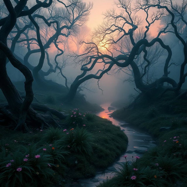A mystical landscape at sunrise, featuring an ethereal forest shrouded in mist