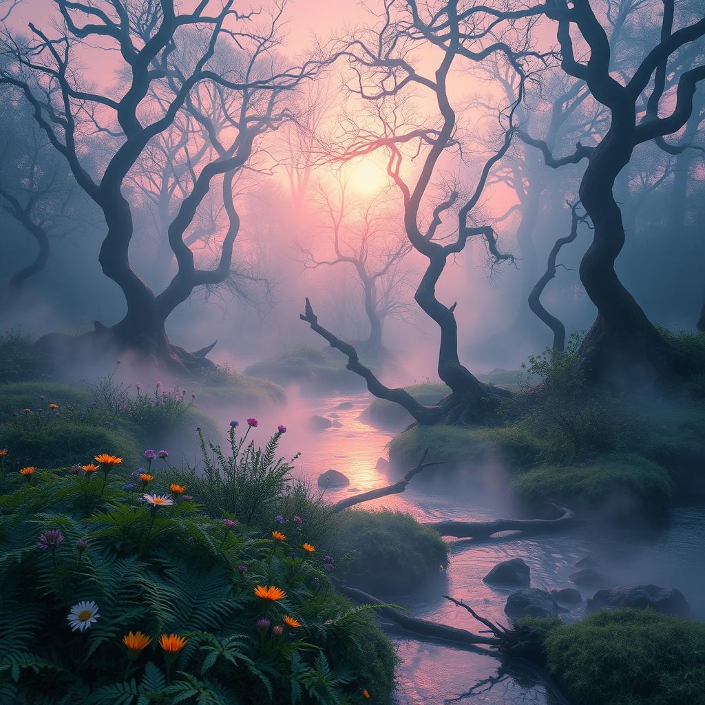 A mystical landscape at sunrise, featuring an ethereal forest shrouded in mist