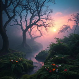 A mystical landscape at sunrise, featuring an ethereal forest shrouded in mist