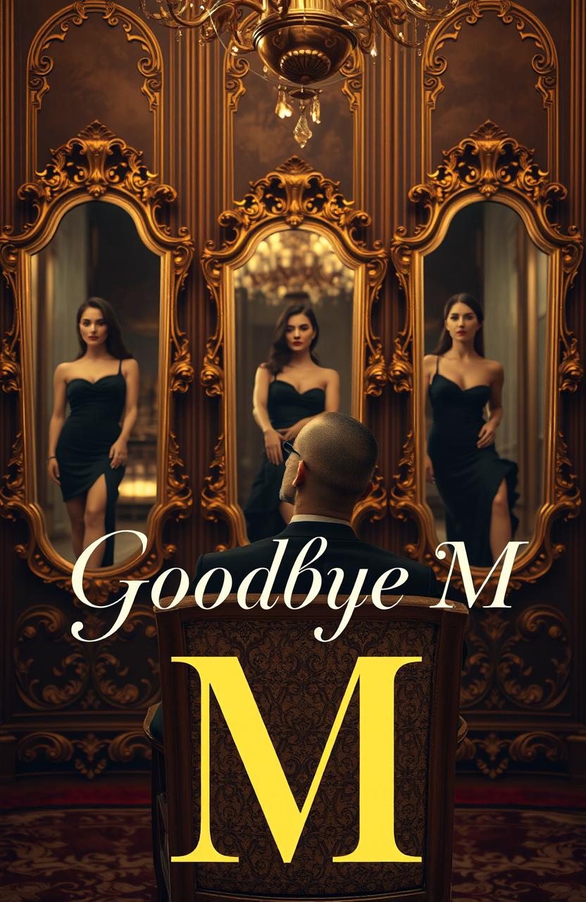 A man seated in a luxurious Emanuele chair, gazing thoughtfully at three ornate mirrors that reflect only women, all adorned in elegant black and gold outfits