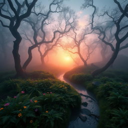 A mystical landscape at sunrise, featuring an ethereal forest shrouded in mist