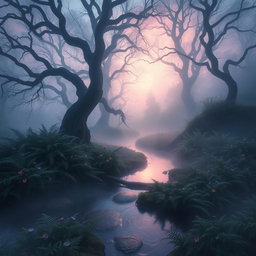 A mystical landscape at sunrise, featuring an ethereal forest shrouded in mist