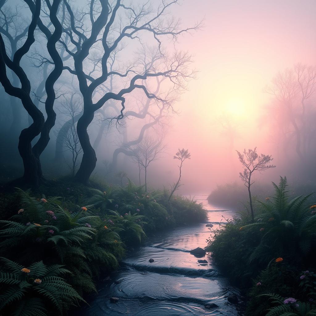 A mystical landscape at sunrise, featuring an ethereal forest shrouded in mist