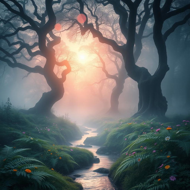 A mystical landscape at sunrise, featuring an ethereal forest shrouded in mist
