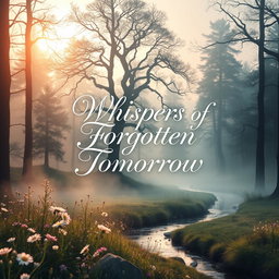 An enchanting book cover design that features a mystical landscape, with a forest bathed in the soft glow of dawn, shrouded in a gentle mist