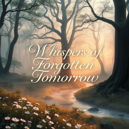 An enchanting book cover design that features a mystical landscape, with a forest bathed in the soft glow of dawn, shrouded in a gentle mist