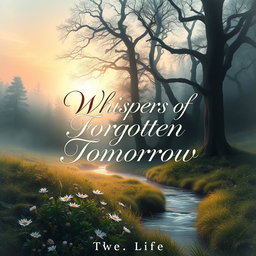 An enchanting book cover design that features a mystical landscape, with a forest bathed in the soft glow of dawn, shrouded in a gentle mist