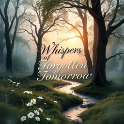 An enchanting book cover design that features a mystical landscape, with a forest bathed in the soft glow of dawn, shrouded in a gentle mist