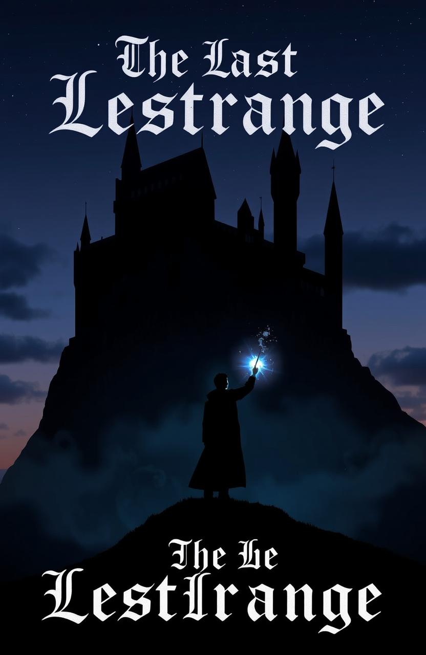 A mysterious, dark castle perched ominously on a hilltop, casting long shadows in the twilight
