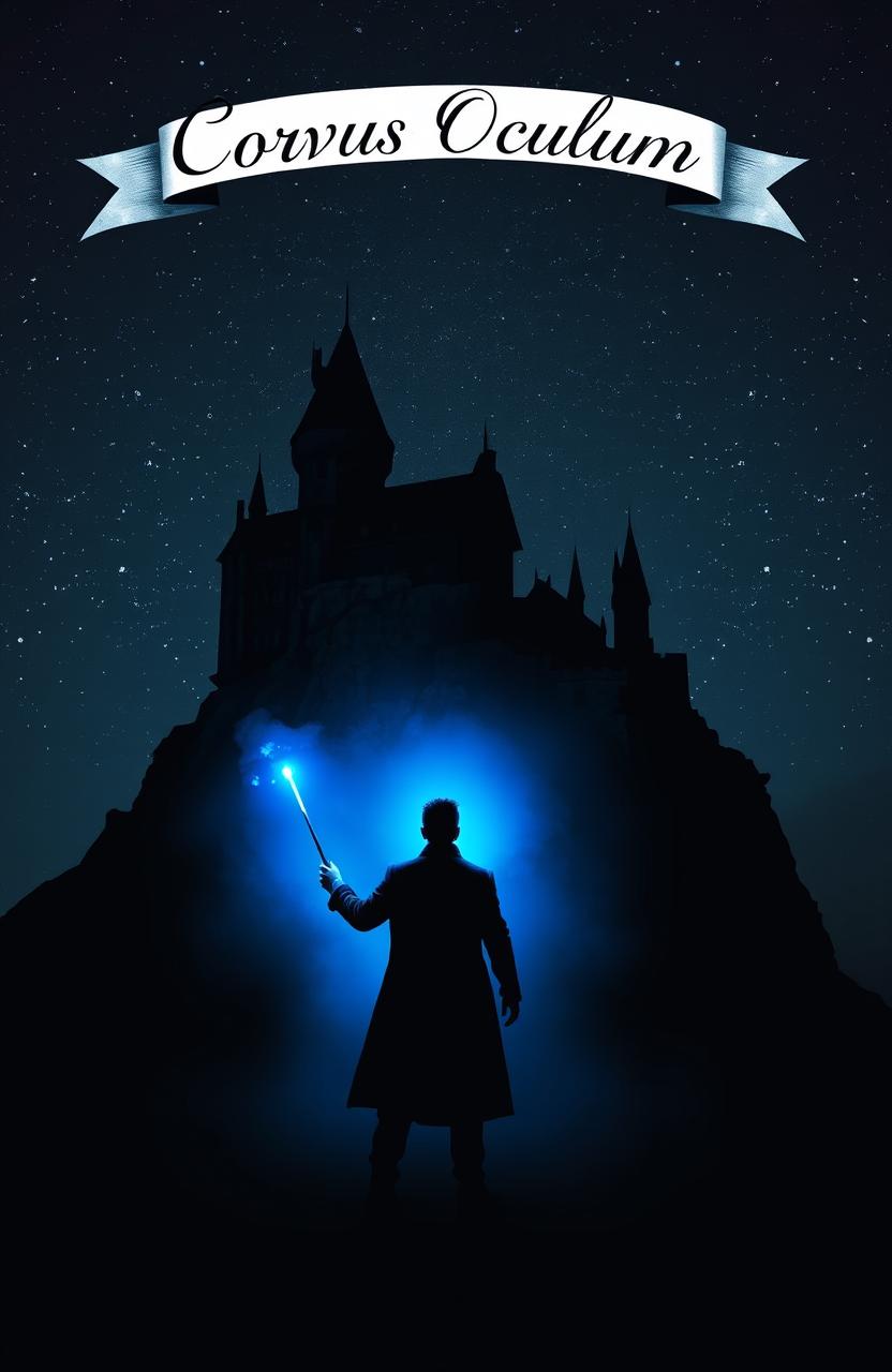 A dark, foreboding castle perched atop a rocky hill, silhouetted against a midnight sky filled with twinkling stars