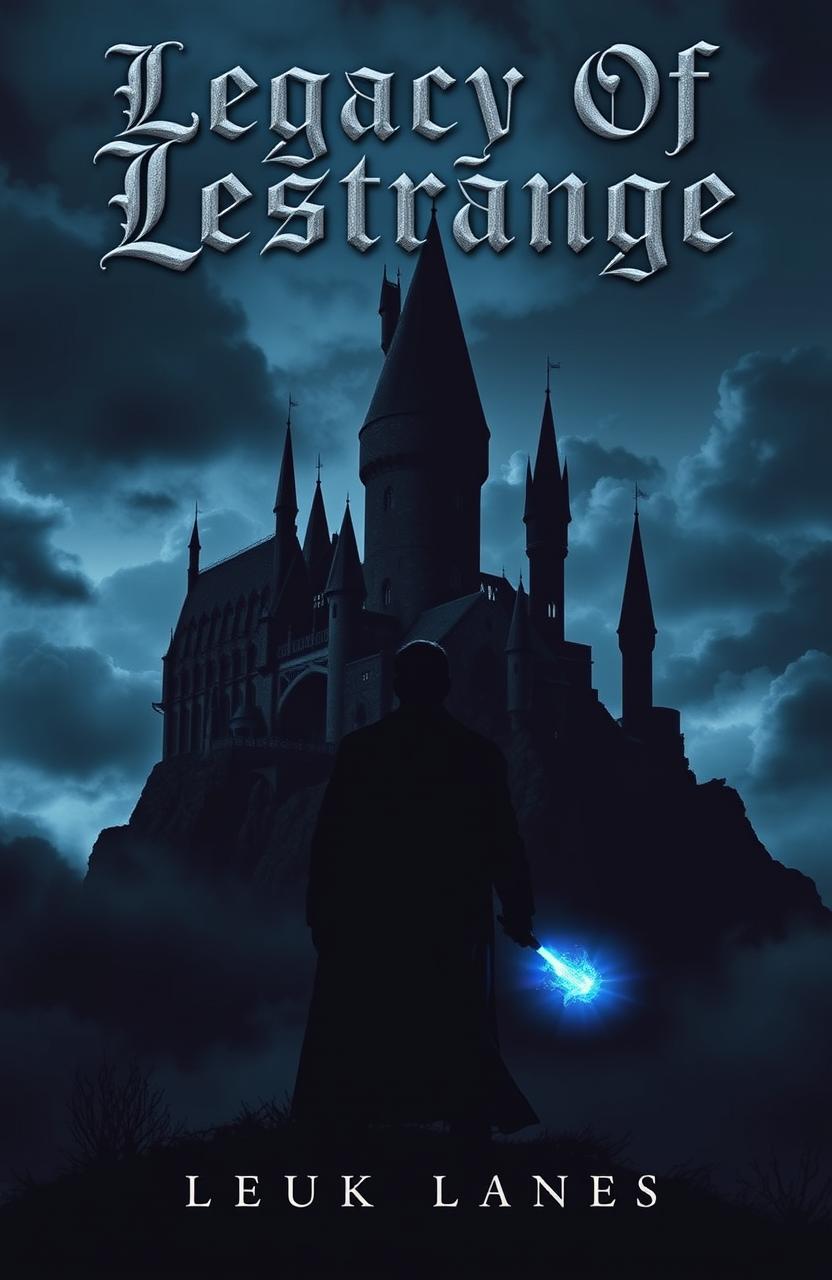 A mysterious dark castle perched on a hill, surrounded by ominous clouds and a night sky