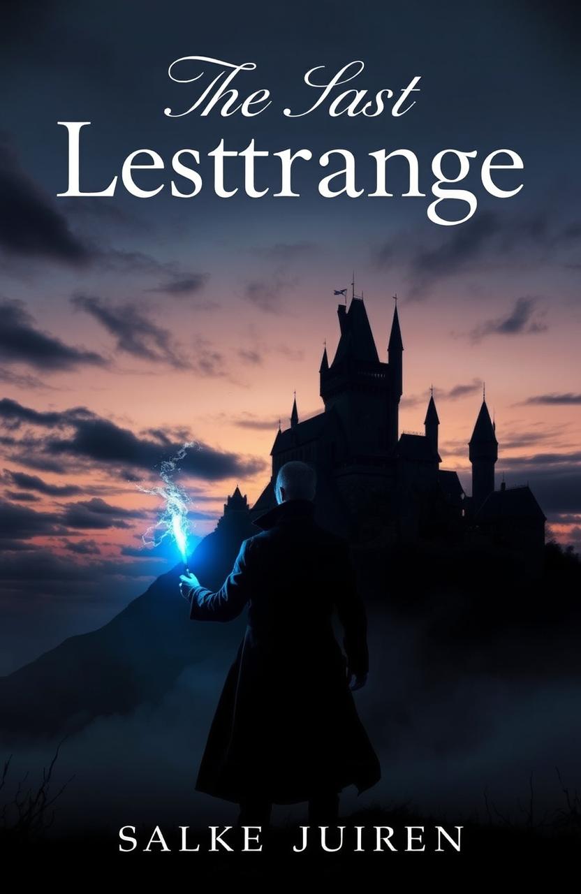 A dramatic scene featuring a dark, imposing castle perched atop a hill, silhouetted against a twilight sky