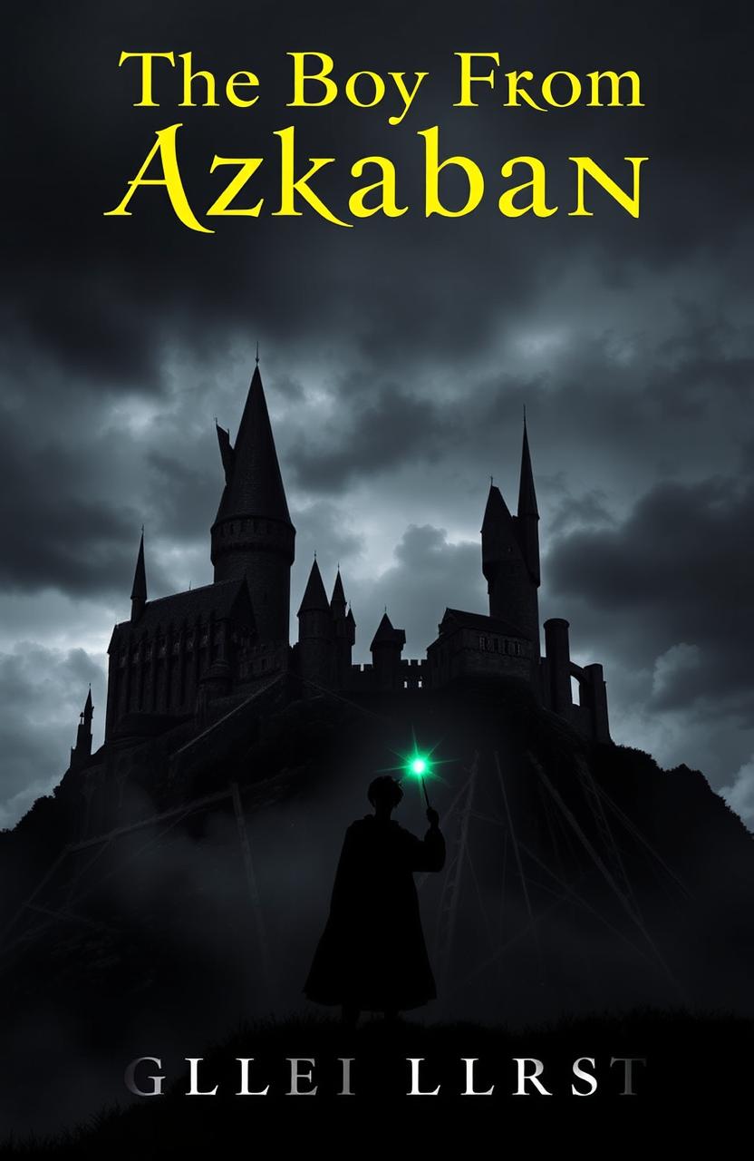 A dark, foreboding castle perched ominously on a hill, its towers and spires silhouetted against a stormy, dramatic sky
