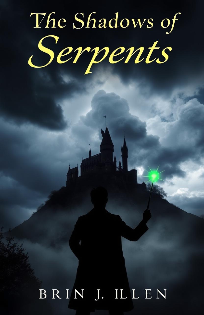 A dramatic scene featuring a cloudy sky with dark, ominous clouds swirling above a shadowy castle perched on a hill